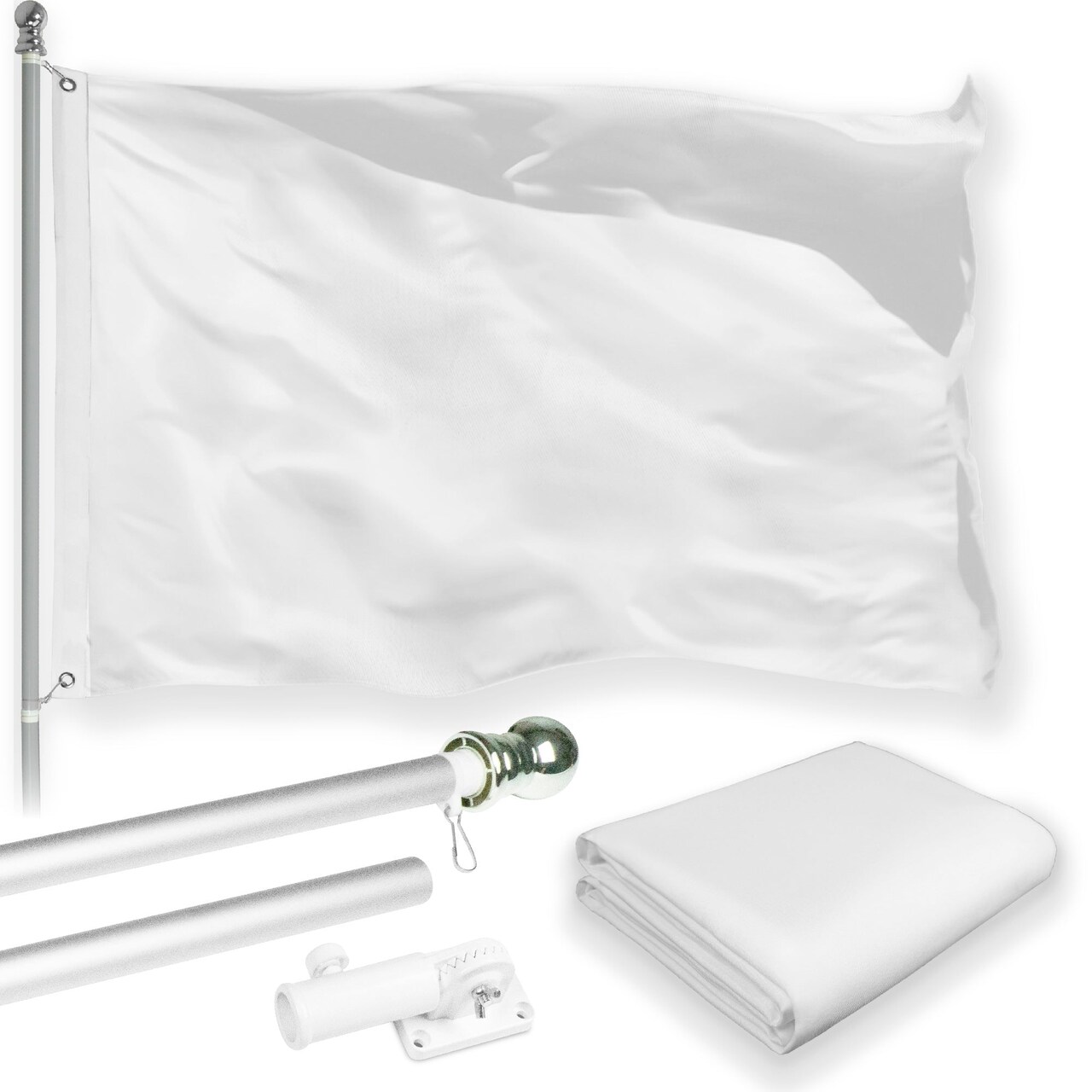 G128 Combo Pack: 6 Feet Tangle Free Spinning Flagpole (Silver) Solid White Flag 3x5 ft Printed 150D Brass Grommets (Flag Included) Aluminum Flag Pole